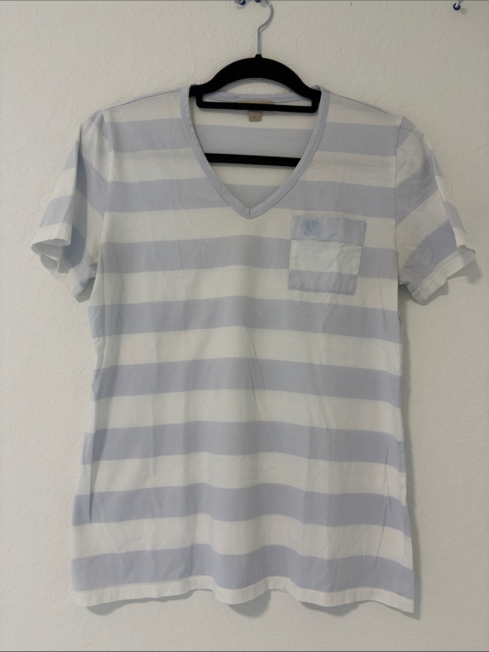 Burberry Light Blue and White Striped V-Neck Pocket Tee